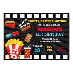 a movie ticket birthday party with popcorn, soda and filmstripe on the side