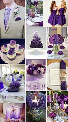 a collage of purple and white wedding colors