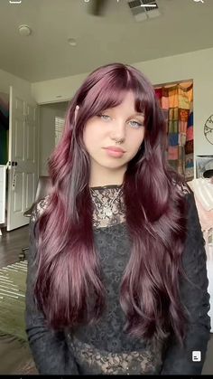 Purple Mauve Hair, Dark Purple Maroon Hair, Plum Hair Blue Eyes, Bordeaux Bangs, Purple Over Red Hair, Spring Time Hair Color For Brunettes, Purple Hair Red Highlights, 2020 Hair Trends Colour