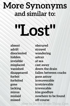 a poster with the words lost and more syonomyms on it's side