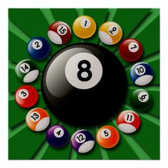 a pool ball surrounded by eight balls on a green background