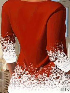 Ebeek - Classic Plus Size Womens Christmas Casual Top Featuring Long Sleeves, V-Neckline, and Snowflake & Tree Print Casual V-neck Holiday Tops, Festive White V-neck Top, Red V-neck Top For Christmas, V-neck Tops For Fall Holiday, Red V-neck Holiday Top, V-neck Tops For Holiday In Fall, Red V-neck Top For Holiday, Festive Christmas Top, Snowflake Tree