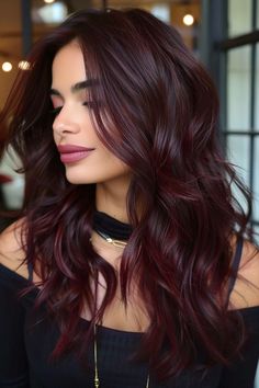 1. Chocolate Cherry Waves - Black Cherry Hair Color Ideas - Black Cherry Hair Color Ideas Hair Styles With Colored Hair, Dimensional Fall Hair, Mahogany Hair With Highlights, Dark Cherry Cola Hair Color, Cherry Brunette Hair, Cherry Chocolate Hair, Chocolate Cherry Brown Hair, Chocolate Cherry Hair Color