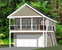 a two story house with a garage and balcony on the second floor, surrounded by trees