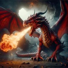 a fire breathing dragon is shown in this artistic photo