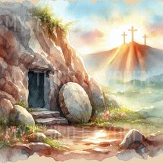 a painting of a cave in the mountains with a cross on top and flowers growing out of it