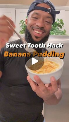 a man is smiling while holding a bowl of food