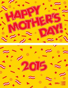 two happy mother's day banners with confetti and streamers on yellow background