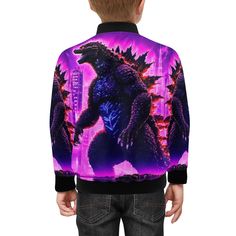 Kinder Bomber Jacke mit Taschen Godzilla Gojira Kaiju Vintage Style Neon Cartoon von UrbanShopEU auf Etsy Vintage Neon, Jacket With Pockets, All Over, Godzilla, Style Vintage, Vintage Style