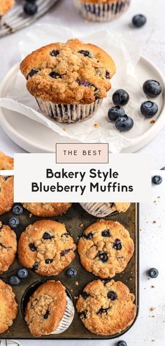 the best blueberry style muffins on a plate and in a muffin tin