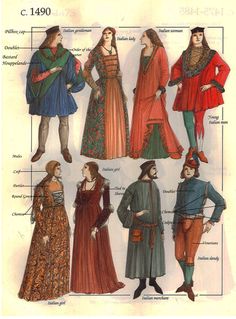 Bottom left gown styles for the silhouette of Juliet's costume. Clothing Names, 1400s Fashion, 15th Century Fashion, Medieval Garb, Fashion Book, Middle Age Fashion, Medieval Costume