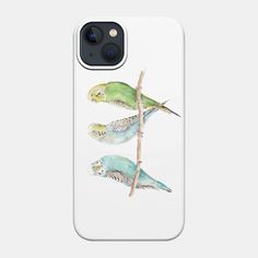 three birds sitting on top of a tree branch in front of a white phone case