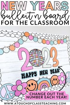 the new year bulletin board for the classroom with numbers and decorations on it, including an image