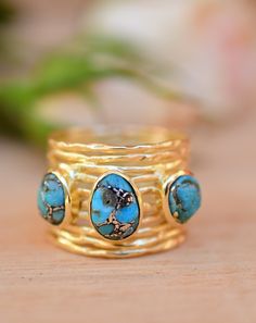 Turquoise Gold Plated Ring *Gold Ring *Statement Ring *Gemstone *Copper Turquoise Ring* Natural *Organic Ring * Ocean* Blue Ring * BJR160 Gold Miners, Ring Turquoise, Copper Turquoise, Turquoise Rings, Gold Plated Rings, Natural Turquoise, Metal Bands, Gold Plated Jewelry, Jewelry Plate