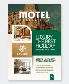 a hotel flyer is shown in green and gold colors with an image of a large building