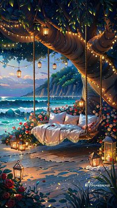 a painting of a bed with lights hanging from it's canopy over the ocean