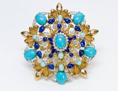 La Triomphe Pendant Brooch Vintage La Triomphe large 18K yellow gold turquoise diamond lapis and enamel pendant brooch. Luxury Turquoise Brooches, Turquoise Brooch For Formal Occasions, Luxury Blue Brooch Jewelry, Luxury Blue Jewelry Brooch, Vintage Jewlery, Egyptian Revival, Gold Brooches, Antique Diamond, Vintage Turquoise