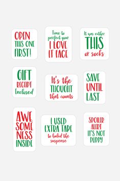 six christmas stickers with different sayings in red, green and white on them