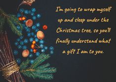 a christmas message with berries and pine cones on a black background that says, i'm going to wrap myself up and sleep under the christmas tree so you'll