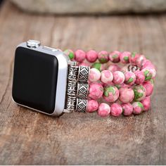 Celebrate Mother's Day with the Eternal Love Stretch Apple Watch Band! This captivating band features delicate gemstones that symbolize enduring love and appreciation. The stretchable design ensures a comfortable, personalized fit for all-day wear. Gift your mom this elegant and meaningful accessory as a token of your eternal gratitude and love. Let her carry your affection on her wrist, adding a touch of grace to her every day. Make this Mother's Day unforgettable with a gift that speaks from the heart! At Cape Diablo, all our jewelry is made by hand and is one of a kind. Each stone has been carefully selected and we only offer gems of the best quality. After ordering the Eternal Love Stretch Apple Watch Band, you will have possession of a truly unique handmade piece!  Materials: Mica Qua Personalized Adjustable Apple Watch Band For Gift, Personalized Adjustable Apple Watch Band Gift, Personalized Apple Watch Band Gift, Personalized Adjustable Apple Watch Band As Gift, Adjustable Apple Watch Band With Extender As Gift, Elegant Watch Band With Extender Gift, Elegant Adjustable Pink Watch Bands, Personalized Pink Apple Watch Band For Gift, Personalized Pink Apple Watch Band As Gift