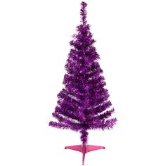 purple tinsel christmas tree on stand against white background