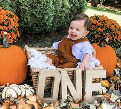 a baby sitting in a basket surrounded by pumpkins and other autumn decorations with the word one on it