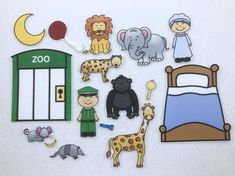 various cutouts of zoo animals and children's toys