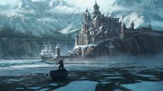 a boat floating on top of a frozen lake next to a castle