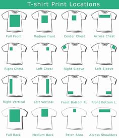 t - shirt print locations in different colors and sizes