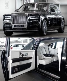 the inside and outside view of a rolls royce limo in a showroom with its doors open