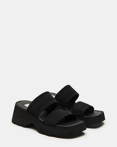 SOLARA Black Platform Slide Sandal | Women's Sandals – Steve Madden Synthetic Double Strap Wedge Sandals, Modern Double Strap Footbed Sandals For Summer, Trendy Double Strap Slides With Cushioned Footbed, Modern Slides With Heel Loop, Trendy Double Strap Synthetic Slides, Synthetic Double Strap Platform Slides, Trendy Synthetic Double Strap Slides, Synthetic Slides With Heel Loop, Black Double Strap Synthetic Wedge Sandals