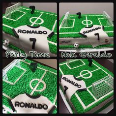 four photos of a cake with soccer themed icing and fondant numbers on it