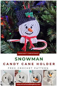 a crocheted snowman ornament hanging from a christmas tree with instructions for how to make it