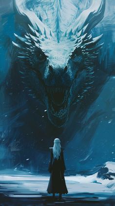 a woman standing in front of a giant ice dragon with her head turned to the side