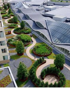 an aerial view of a green roof garden