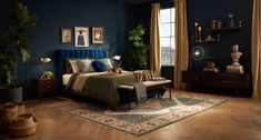 a bedroom with dark blue walls and wooden floors is pictured in this image, there are two lamps on either side of the bed