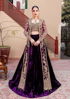 Golden Purple Lehenga Choli Jacket Indian Bridal Wear Bride Sister Dress, Purple Gowns Dresses, Lehenga Velvet, Purple Lehenga Choli, Gown Lehenga, Golden Lehenga, Purple Work, Purple Lehenga, Lehenga Fabric