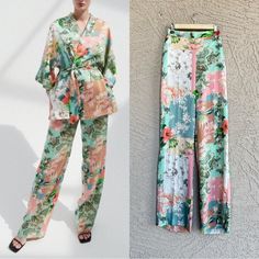 Zara Blogger Fave Multicolor Mint Green, Coral Pink, White, Orange, Tropical Floral & Paisley Patchwork Satin Wide Leg Pants Pockets Pull Onback Of Waist Band Is Elastic Note: Nwt, But Has Spots Near Bottom Front Left Leg As Shown In Photo & Video. I Don’t Know If Perhaps A Professional Dry Cleaner Could Improve Waist 12.5” Flatcan Stretch To 14” Flat (Back Is Elastic) Rise: 12” Inseam 33” Length 45” Summer Floral Print Sets With Straight Pants, Spring Printed Pink Sets, Spring Workwear Set With Floral Print, Green Floral Print Bottoms For Work, Multicolor Summer Sets With Straight Pants, Pink Wide Leg Printed Pants, Summer Floral Print Pink Wide Leg Pants, Pink Printed Wide Leg Pants, Summer Multicolor Sets With Straight Pants