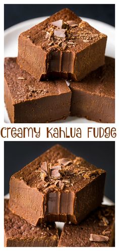 three different views of chocolate fudges on a white plate with the words creamy kahlua fudge