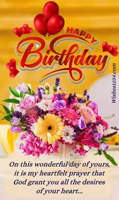 happy birthday card with flowers and hearts