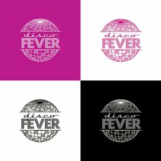 four different logos with the words dance fever on them in pink, white and black