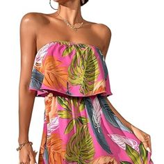 Tropical Print Ruffle Hem Short Dress Soft And Comfortable Fabric, Fabric Has No Stretch Feature: Strapless, Sleeveless, Tube Dress, Backless, Tropical Print, High Waist, Ruffle Hem, A Line Dress, Fashionable Suitable Occasions: Suit For Casual, Vacation, Weekend, Dating, Beach, Daily Life And Outgoing Tube Mini Dress, Mini Tube Dress, Tropical Leaf Print, Dress Backless, Tropical Leaf, Line Dress, Tube Dress, Leaf Print, Tropical Print