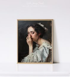 an oil painting of a woman in white dress holding her hand to her face and looking at the viewer