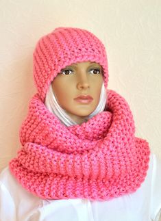 Pink, warm and soft women's hand made snood - scarf and hat set hand knitted from fine merino wool yarns. Hat edges are decorated with crochet hook. Comfortable to wear, very soft and thick hat and snood scarve set. These scarf and hat will warm you up in cold winter or autumn time. Accurately hand knitted from high quality yarns, so, set is durable and easy to maintain. Also it's available hand knitted works according to your model and size. SIZE: universal, scarf length: 52'' (133 cm), width: Winter Yarn Crochet Hat As Gift, Crochet Yarn Hat As Winter Gift, Yarn Crochet Hat As Winter Gift, Winter Crochet Yarn Hat Gift, Winter Gift Yarn Crochet Hat, Handmade Crochet Hat For Winter Gift, Handmade Beanie As Winter Gift, Handmade Beanie For Winter Gift, Knitted Crochet Hat For Winter Gift