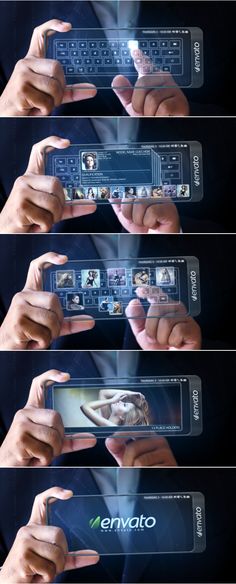 a series of photoshopped images showing different hands holding an electronic device with the words envato on it