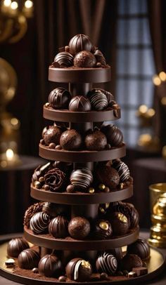 there is a chocolate tower on the table