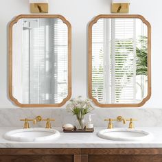 two bathroom sinks with mirrors above them in front of a wall mounted plant and window