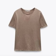 Nwt Zara Fitted Washed T-Shirt Taupe Brown Fake Zara Tshirt Story, Zara Stretch Crew Neck T-shirt, Trendy Zara Cotton T-shirt, Zara Fitted Cotton T-shirt, Brown Washed Short Sleeve T-shirt, Black Cotton Zara T-shirt, Olive Green Shorts, Studded Shorts, Zara Shirt