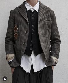 Dystopia Clothes, Patched Shirt, Distressed Outfit, Librarian Style, Striped Suit, Suit Ideas, Man Fashion, Fashion Costume, Looks Style