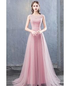 Buy pink tulle sequined flowy prom dress with illusion neckline at affordable price online. Free shipping and pro custom service since 2009. Flowy Prom Dress, Flowy Prom Dresses, Gold Prom Dresses, Pink Evening Dress, Prom Dress Evening, A Line Evening Dress, Tulle Evening Dress, Prom Dresses For Sale, Evening Dress Fashion